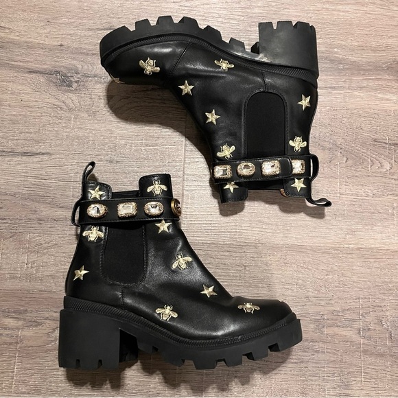 Gucci Stars and Bee Embroidered Leather Ankle Boot With Belt 37 EUC - Picture 2 of 16